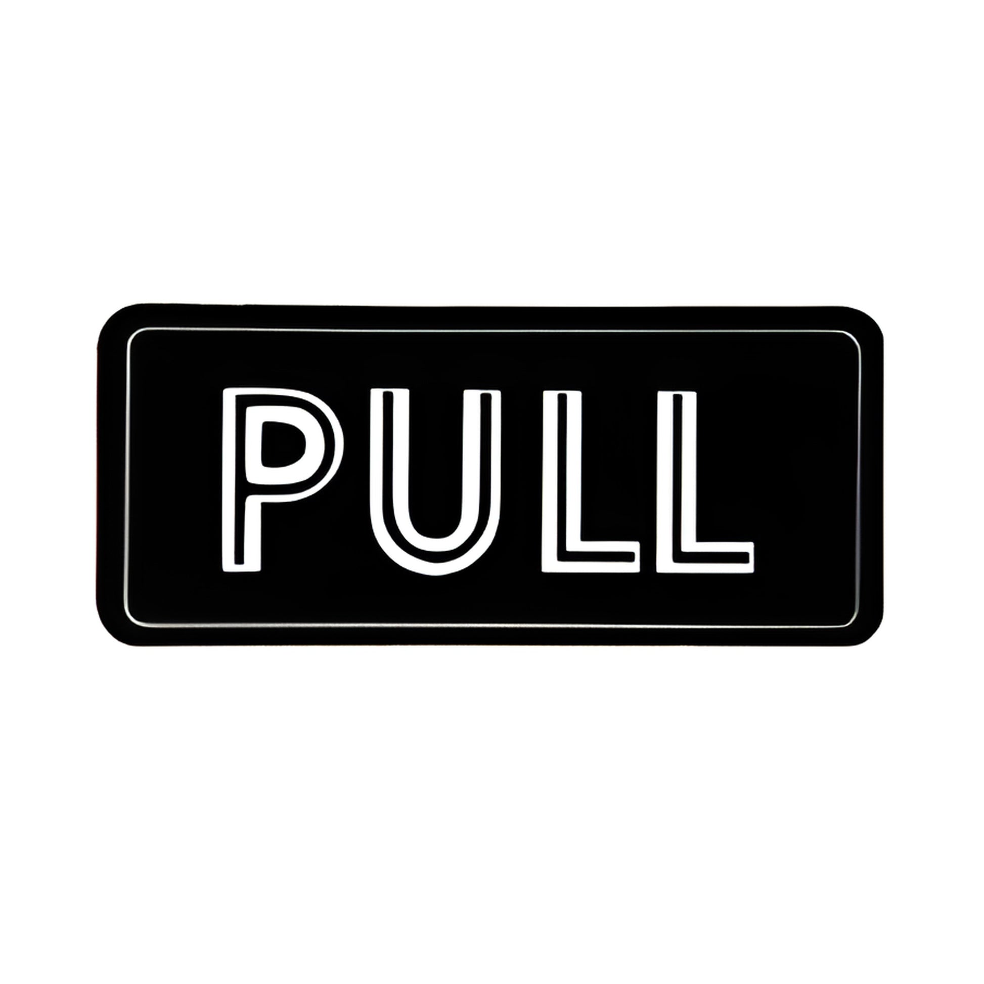 Black rectangular mylar "PULL" decal with white outlined letters, 4-1/4" x 1-7/8" (SKU 567HA)