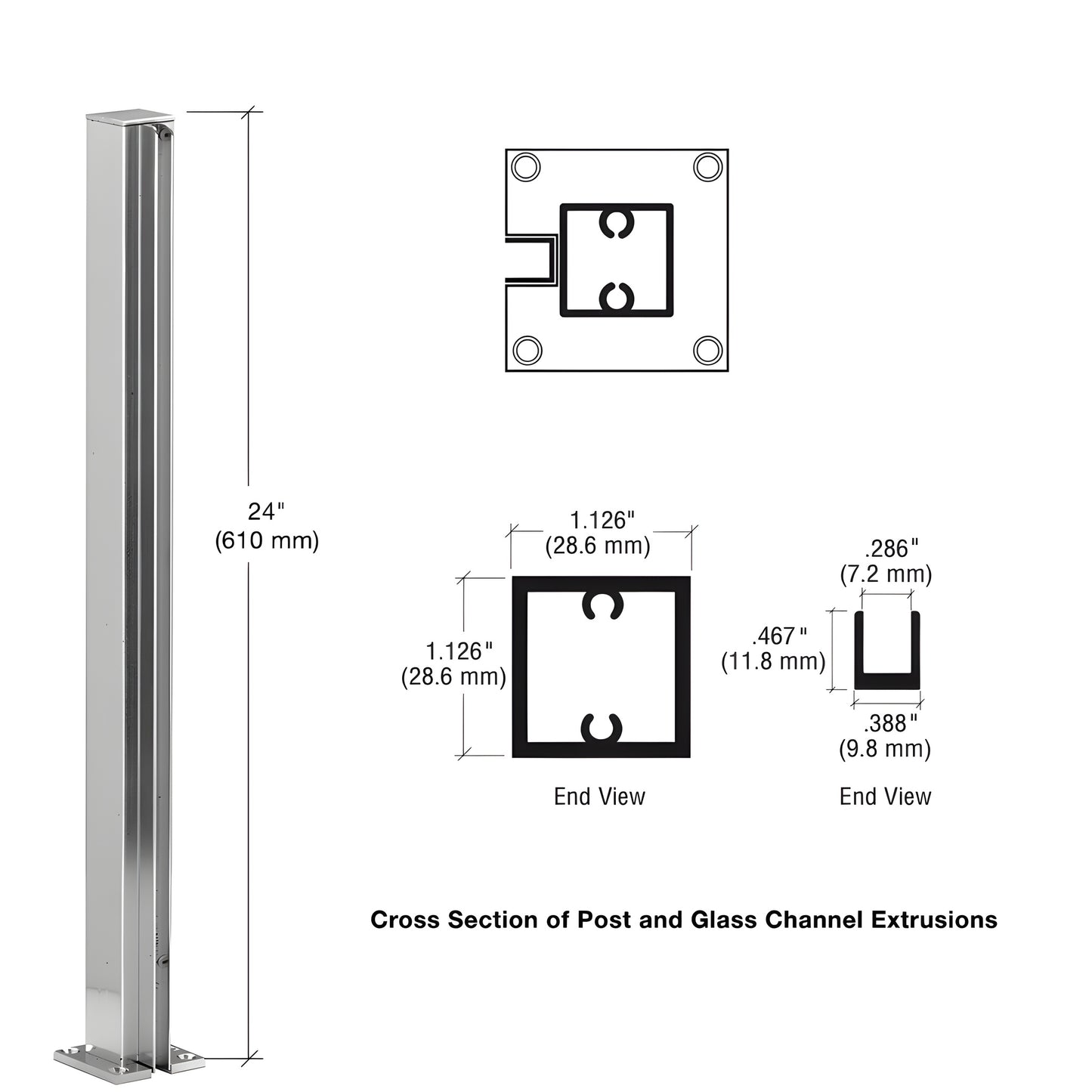 Aluminum 24 in. bright-anodized square partition end post with U-channel glazing, flat cap and mounting base (SKU D990BA24E)