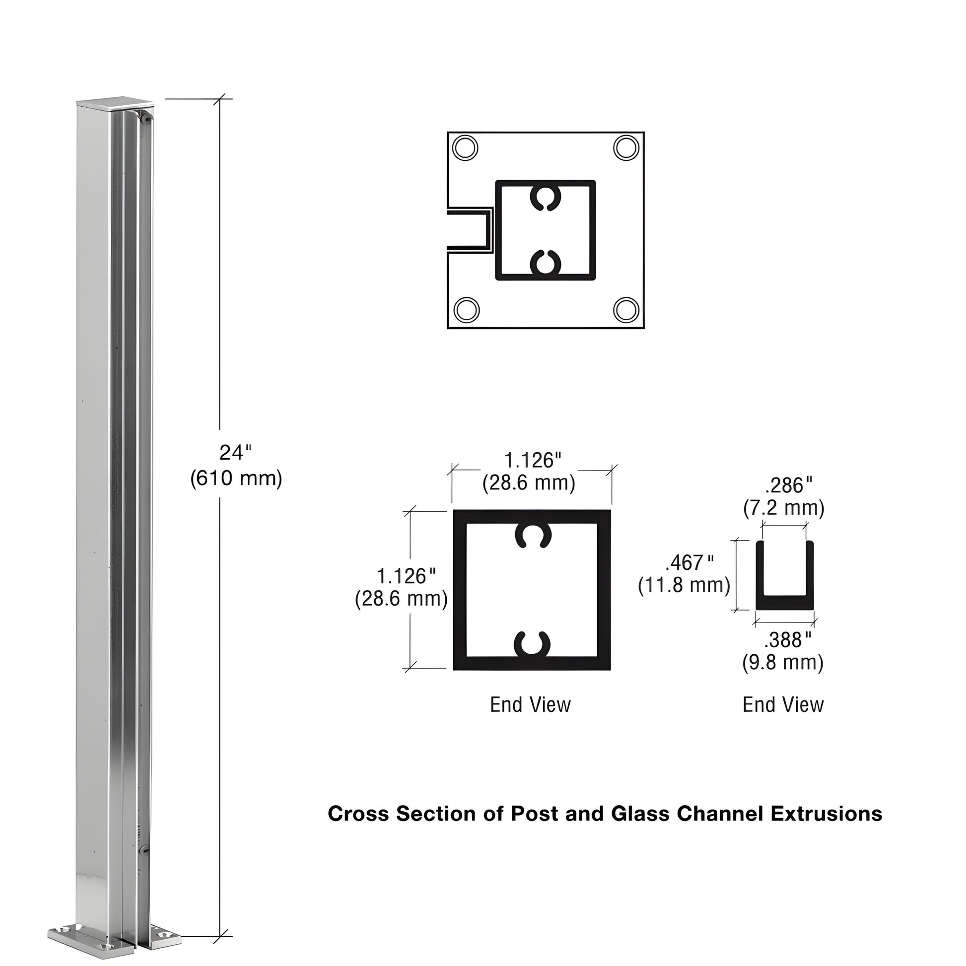 Aluminum 24 in. bright-anodized square partition end post with U-channel glazing, flat cap and mounting base (SKU D990BA24E)