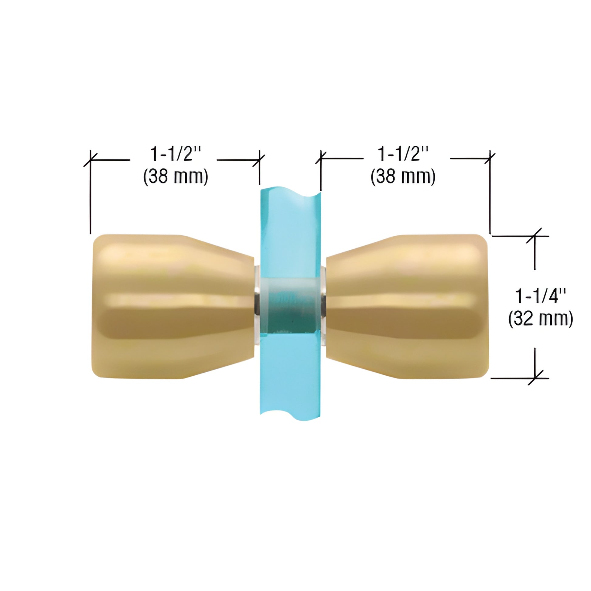 SDK109SB satin brass bow-tie back-to-back shower door knob on glass, 1-1/4 in diameter, 1-1/2 in projection.