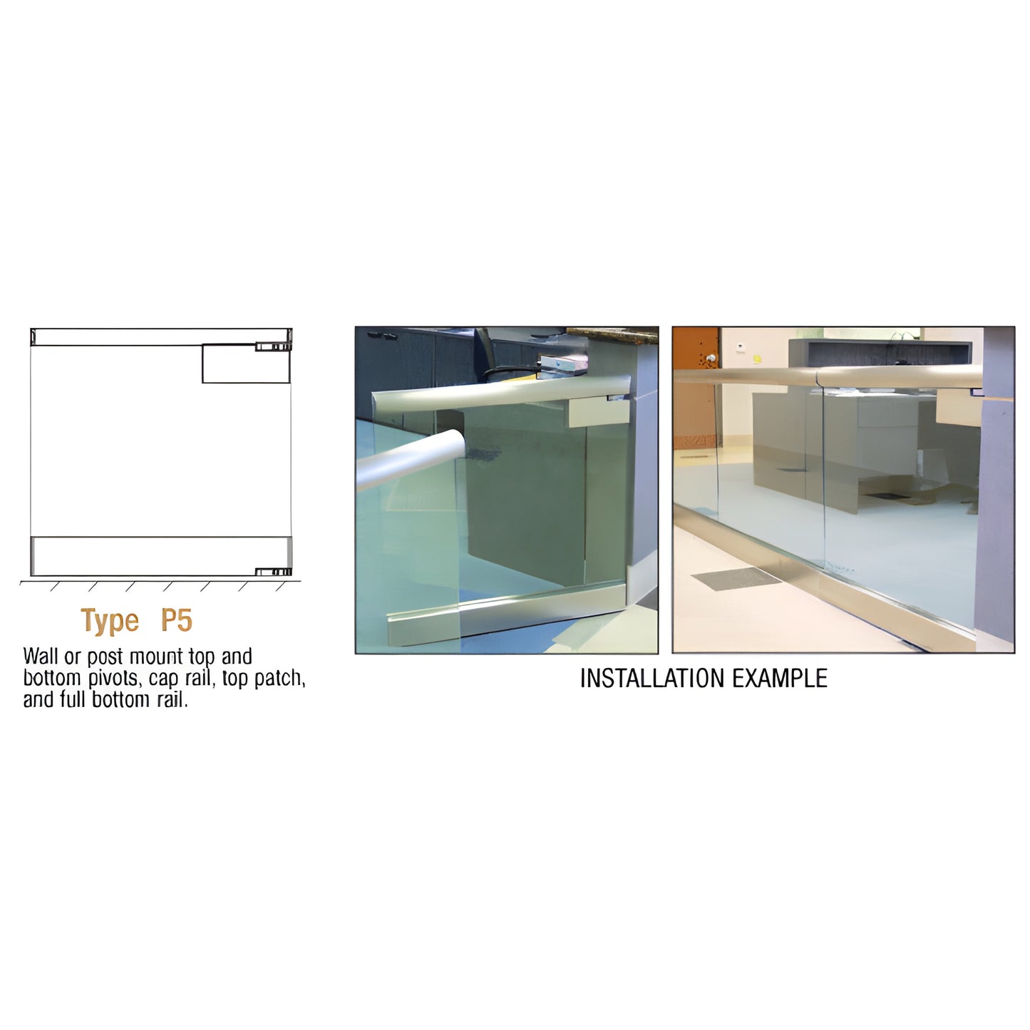 SGP5C heavy-duty glass swinging gate with cap rail - diagram and two installation photos showing top pivot and full bottom ra