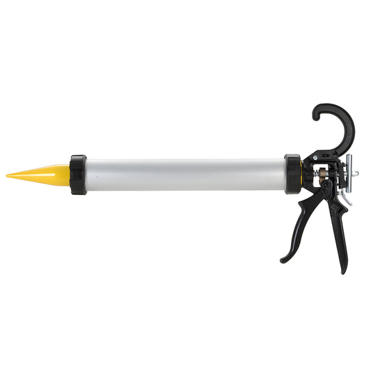 15" Cox Avon aluminum sausage caulking gun with black trigger handle and yellow cone nozzle (WG51001)