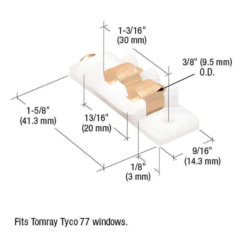 CRL window roller assembly G3071 - nylon housing with twin 3/8" steel rollers, 9/16" wide; fits Tomray Tyco 77 windows.
