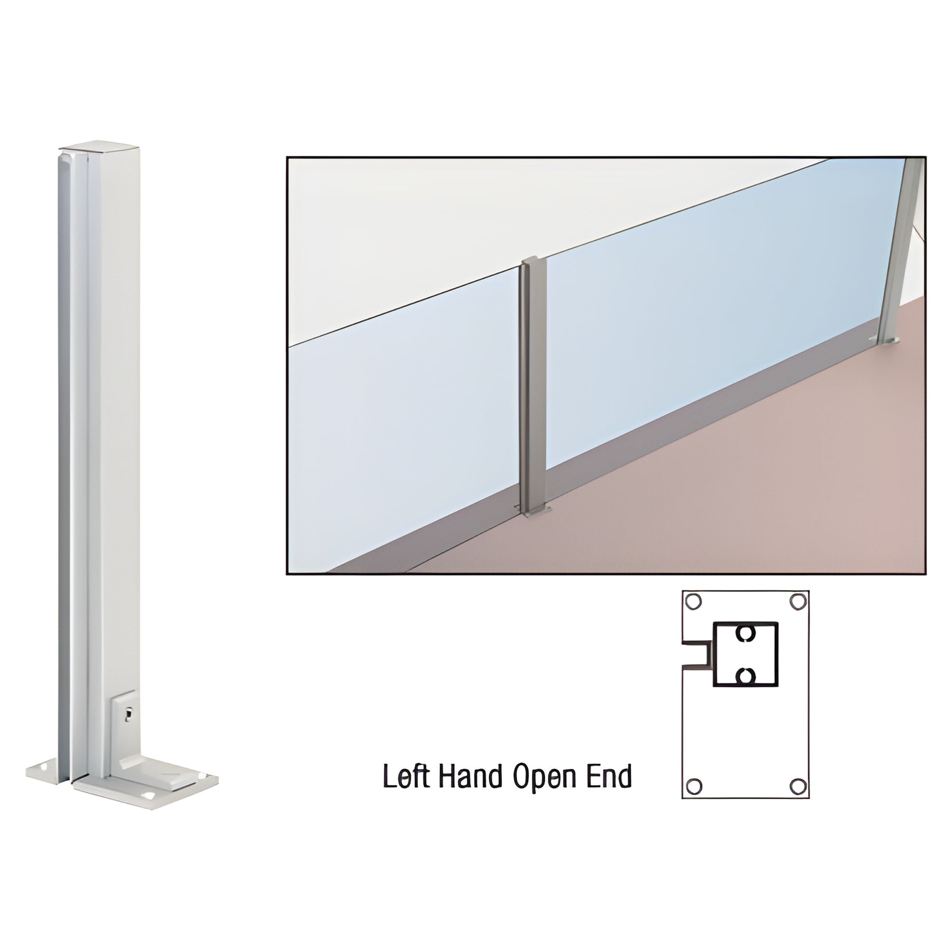 36-inch satin anodized aluminum partition post D992, left-hand open channel for 1/4 glass with predrilled base (SKU D992A36L