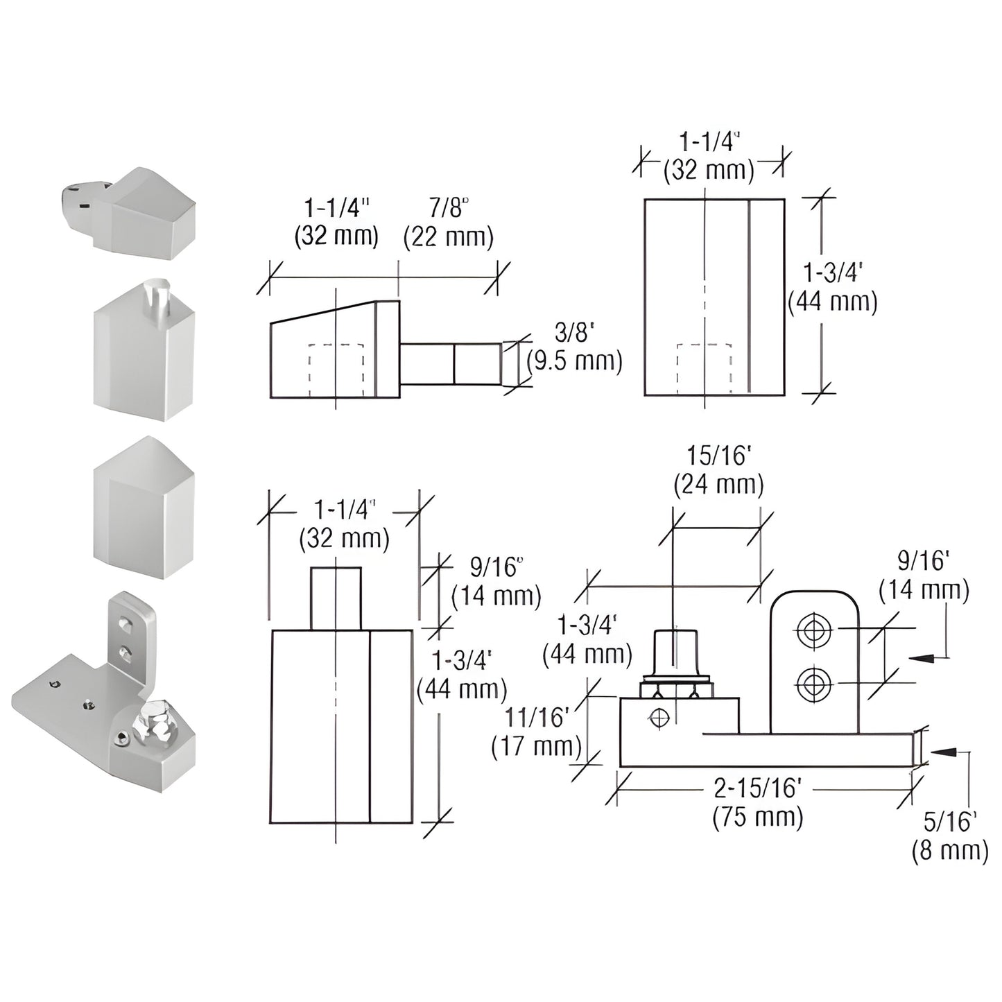 Offset pivot set OP30 (SKU 0P30LHA), satin aluminum commercial door pivot with technical dimension diagram.