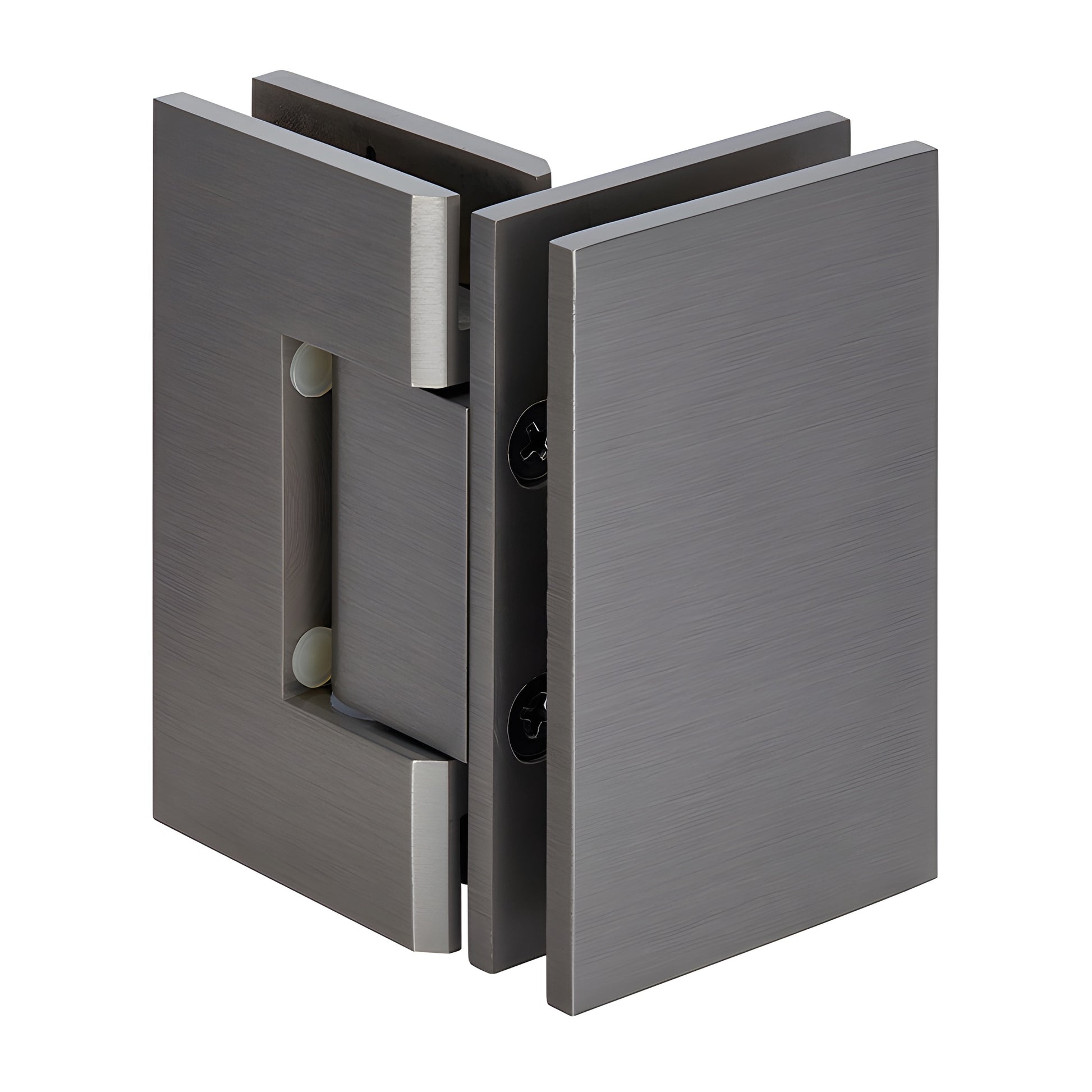 Brushed-nickel square Geneva glass-to-glass shower hinge (GEN092BN), solid brass, self-centering, fits 8-12mm glass.