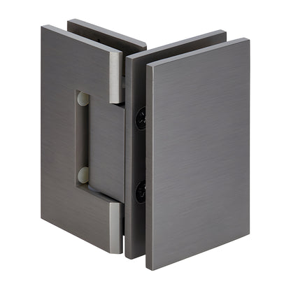 Brushed-nickel square Geneva glass-to-glass shower hinge (GEN092BN), solid brass, self-centering, fits 8-12mm glass.