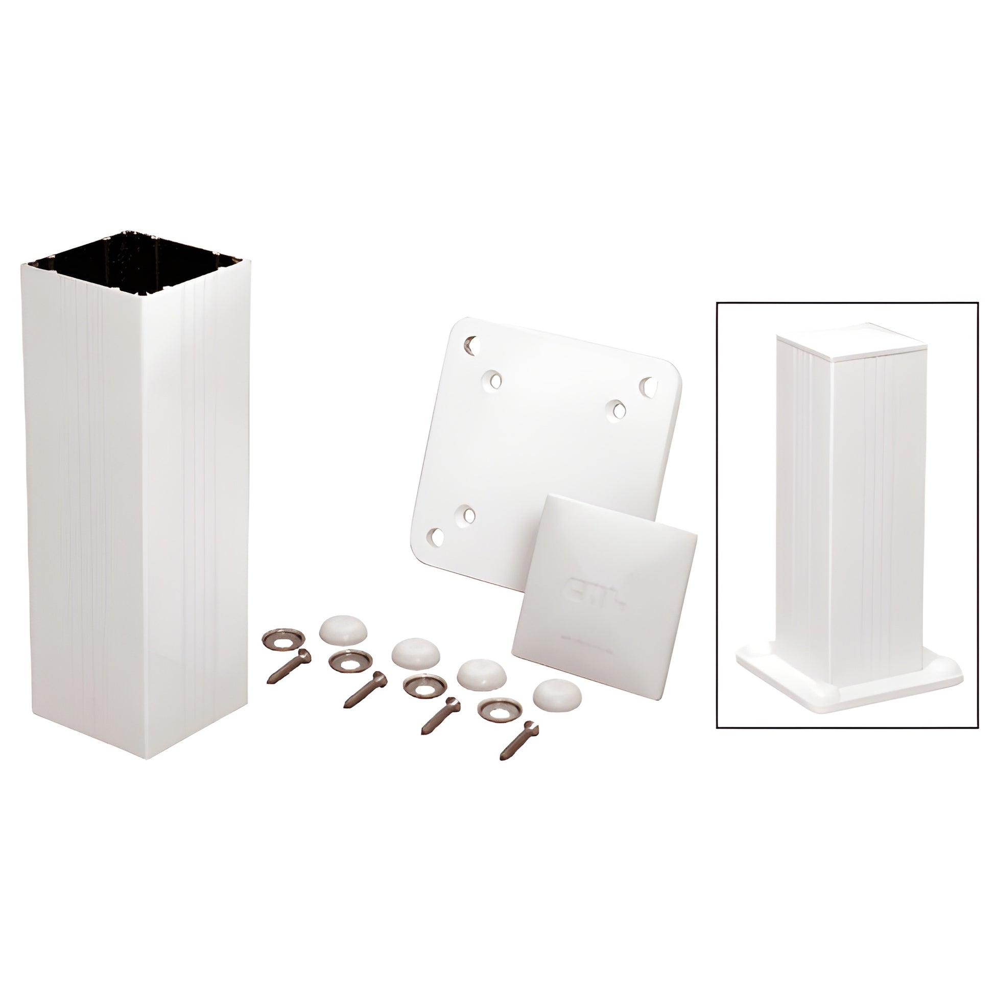 Sky white 4" x 4" square aluminum post kit with base plate, cap, washers and screws - 36" post (SKU 4P36KW)