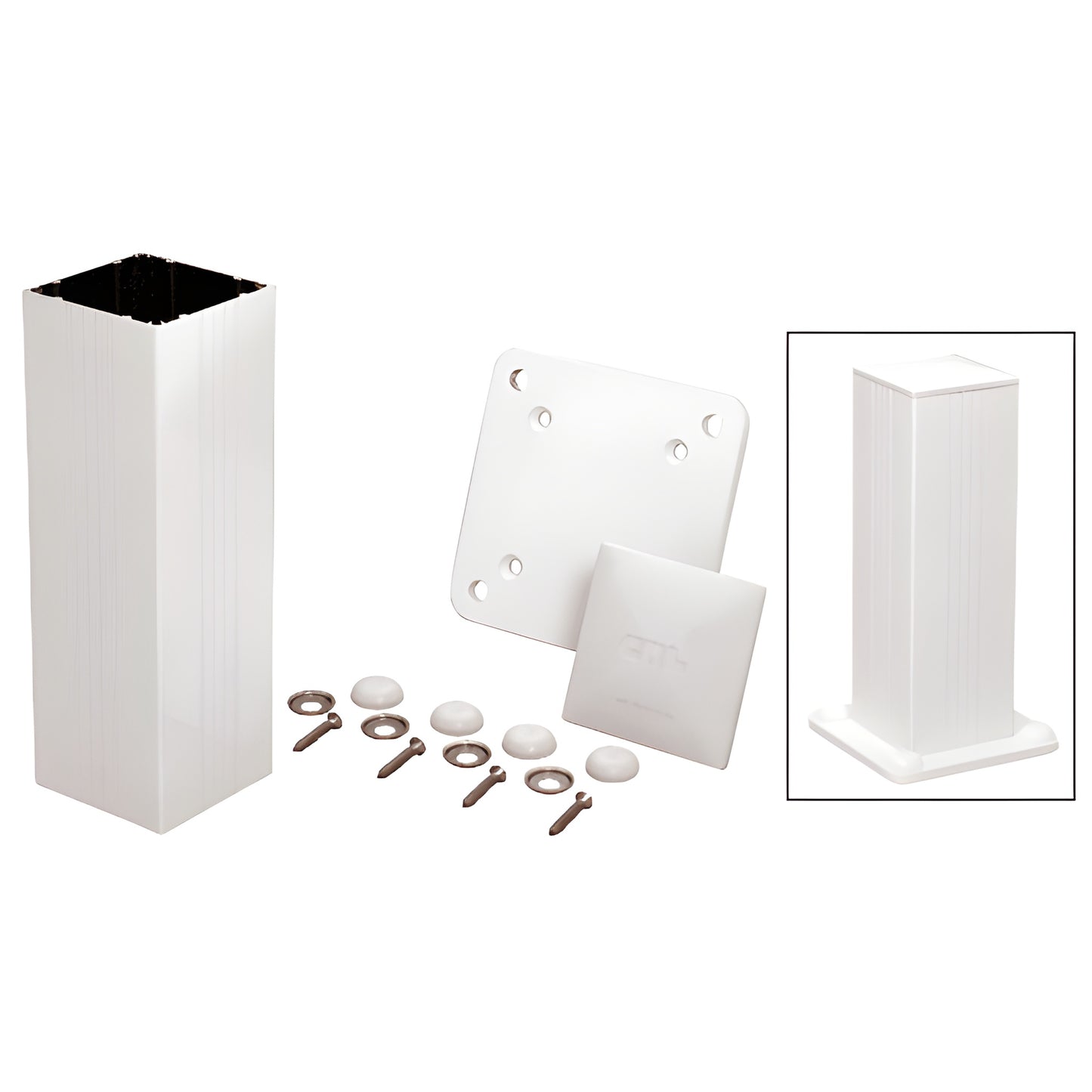 4x4 sky-white aluminum post kit SKU 4P42KW with base plate, moisture gasket, cap, screws, washers and bolt covers