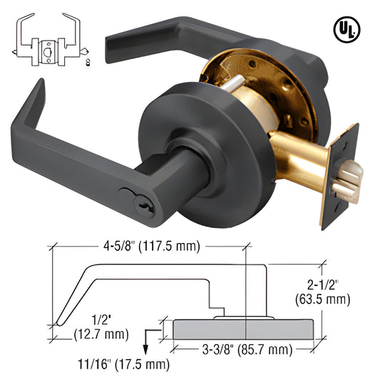 Matte black commercial entrance lever lockset, reversible Grade 2, 3 hr UL fire rated, 7 pin SFIC/Schlage C keyway - SKU D67E