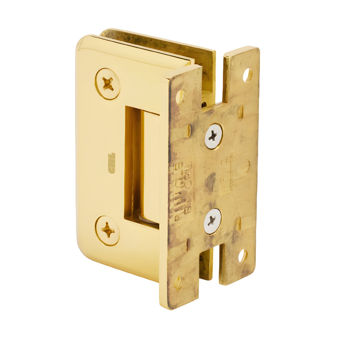 P1N537BR polished brass Pinnacle shower hinge for 8-12mm tempered glass, beveled edge, self-centering, wall-mount.