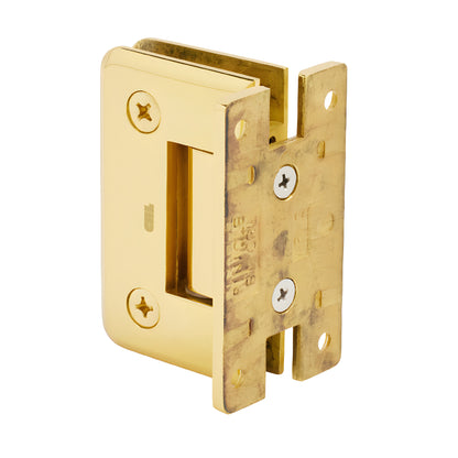 P1N537BR polished brass Pinnacle shower hinge for 8-12mm tempered glass, beveled edge, self-centering, wall-mount.