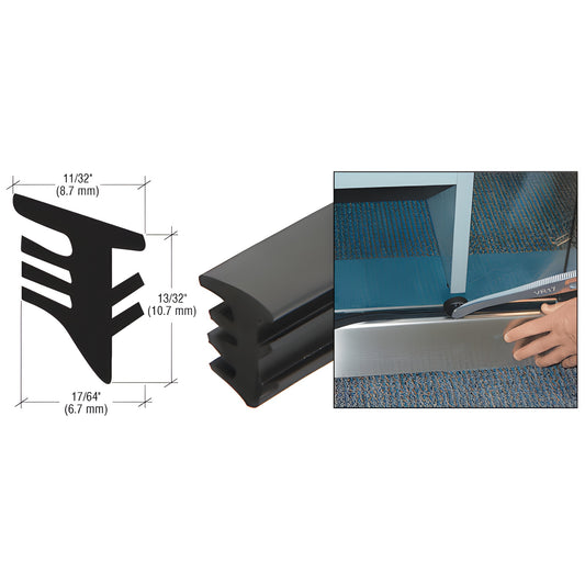 SFV335C black non-stretch PVC roll-in storefront vinyl strip with tapered security legs, fits pocket extrusions, 100 ft roll