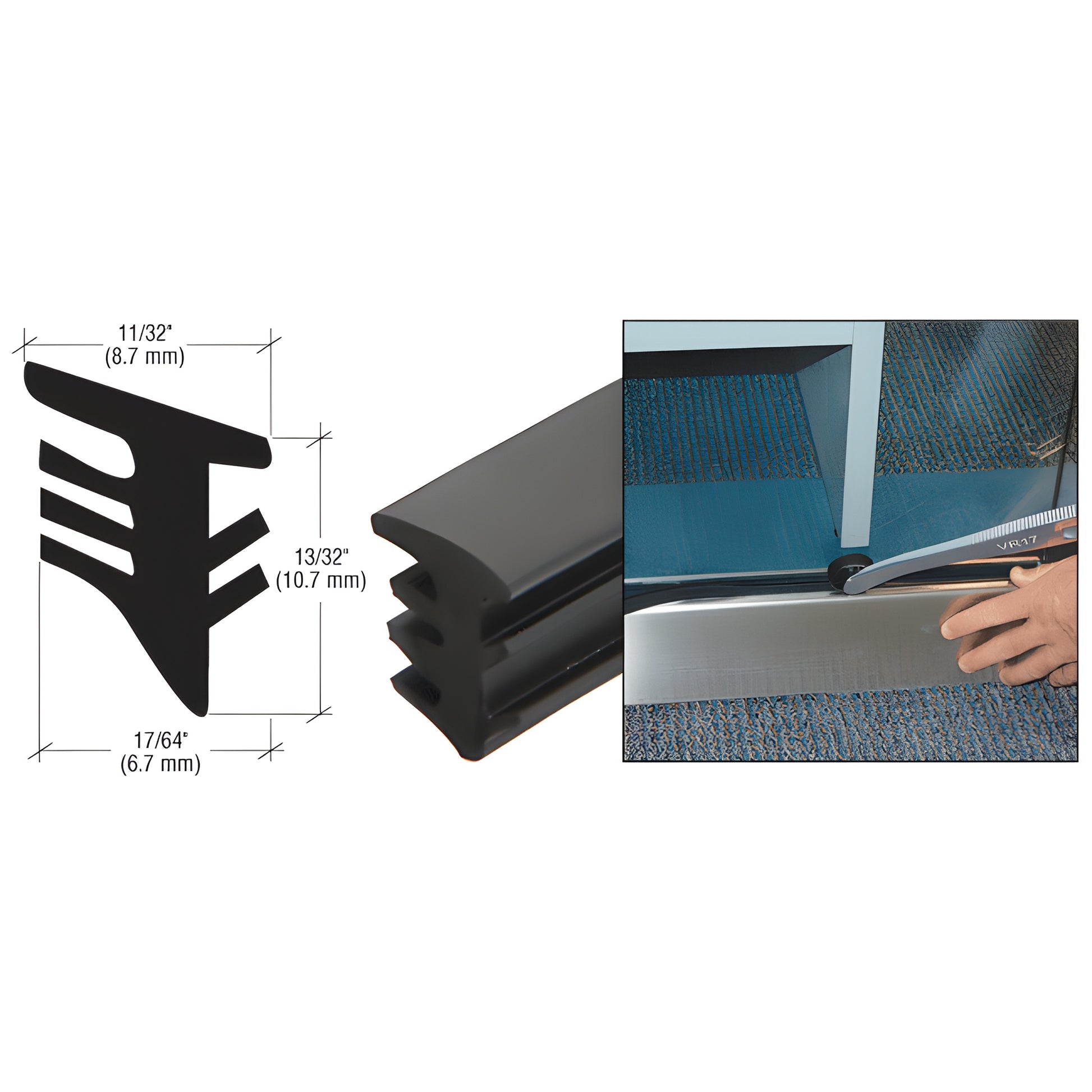 SFV335M black universal roll-in storefront vinyl gasket profile, non-stretch PVC with dimensions (11/32" x 13/32").
