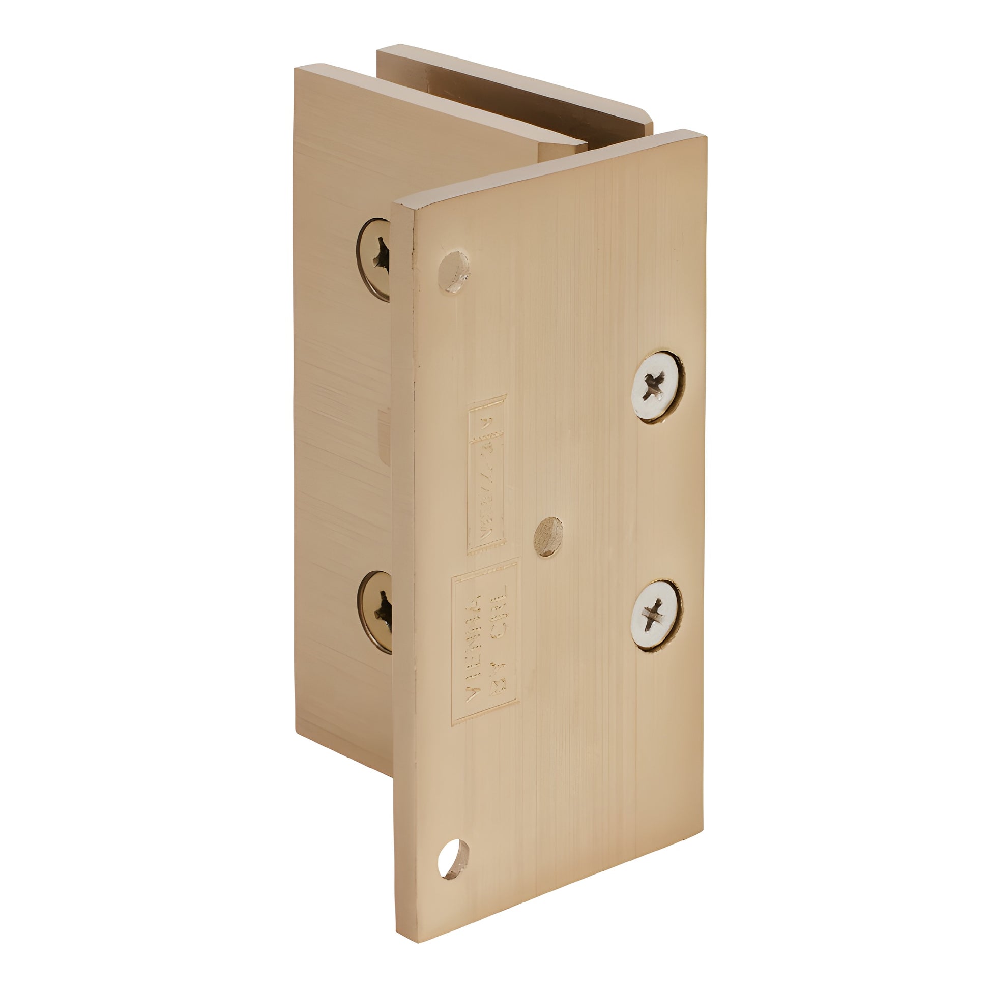 Brushed-bronze brass shower door hinge, squared Vienna style, wall-mount offset back plate, fits 3/8-1/2 in glass.