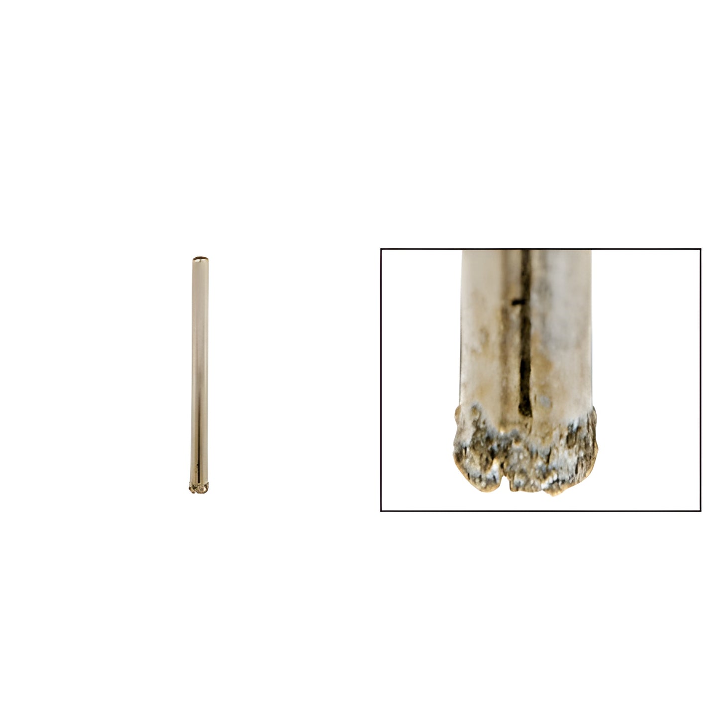 AG18 plated diamond glass drill bit, 1/8" diameter with sawtooth tip and 3/8" round shank, solid steel.