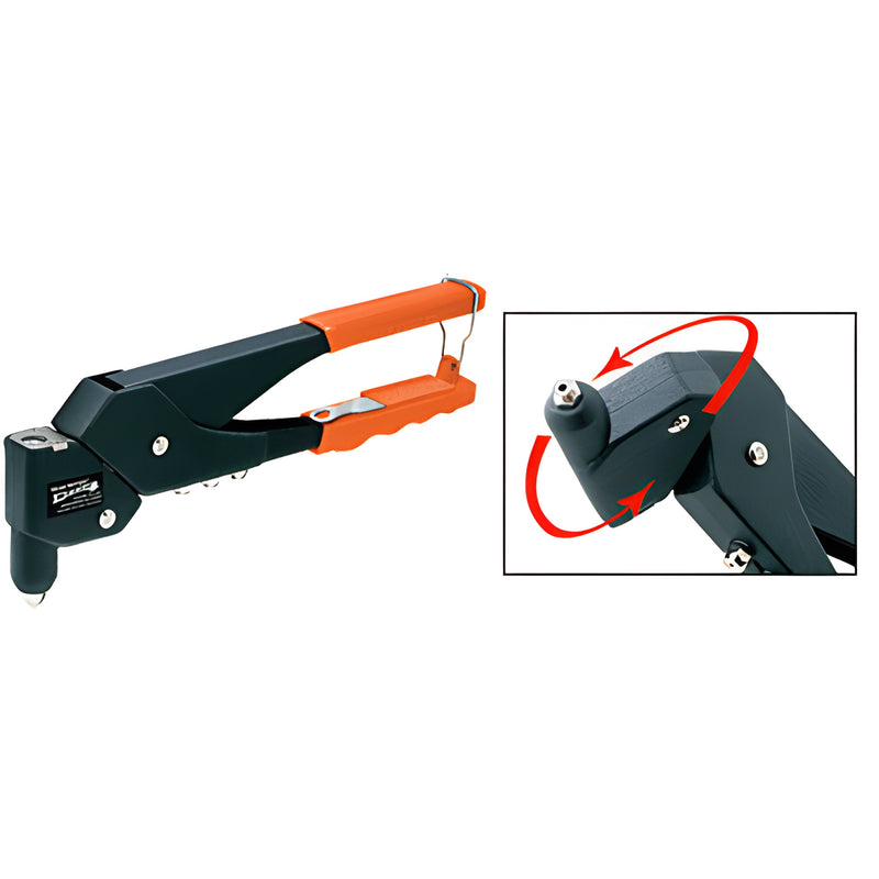 RHT300 rotating-head rivet gun, steel body with orange vinyl grips, 360 head, includes four nosepieces (2-5 mm)