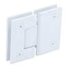 GEN180AW gloss-white Geneva glass-to-glass shower hinge, square profile, self-centering pivot for 8-12mm tempered glass.