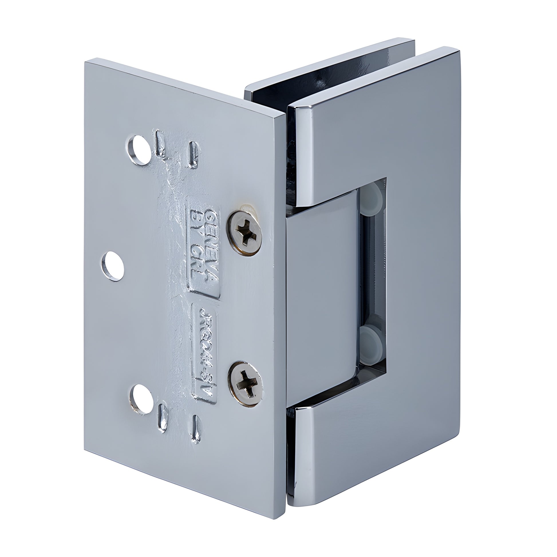 Polished chrome solid brass Junior Geneva shower hinge (JRG044CH), wall mount offset for 6-8mm tempered glass.