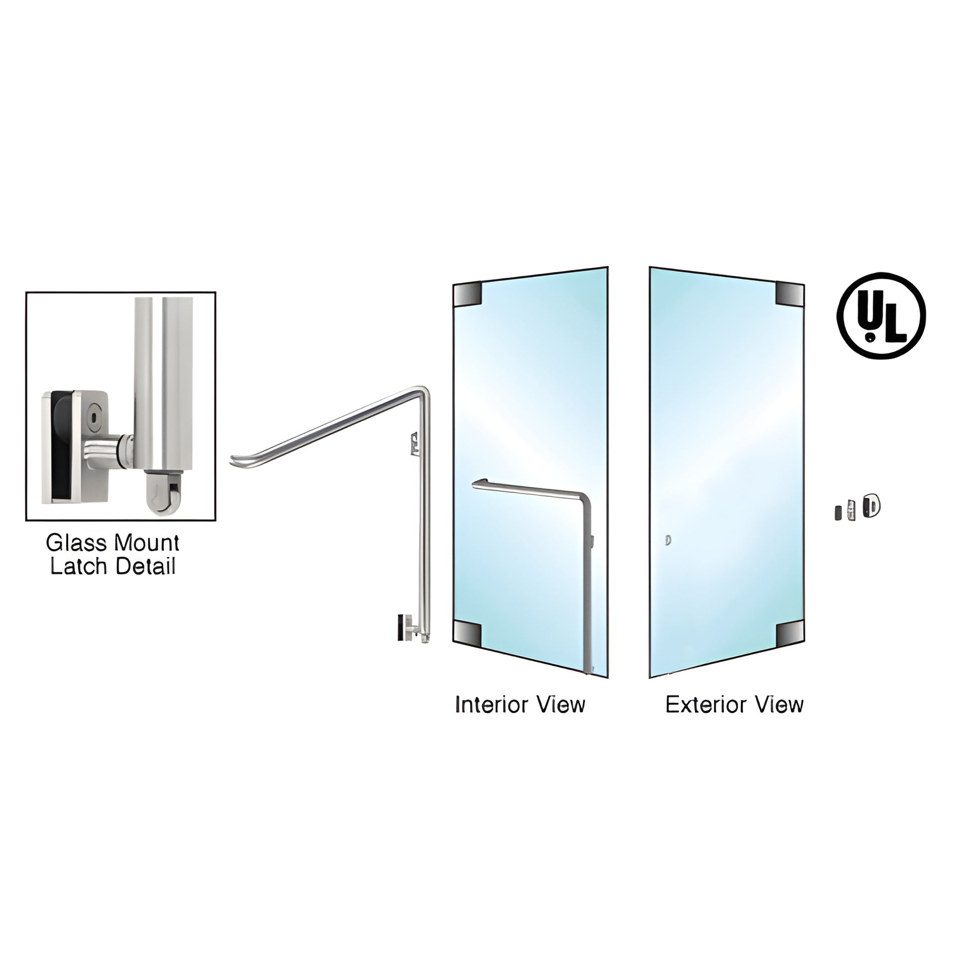 Brushed stainless PA110 panic handle for all-glass doors, tubular interior push bar, 1-1/4" diameter, right-hand reverse.
