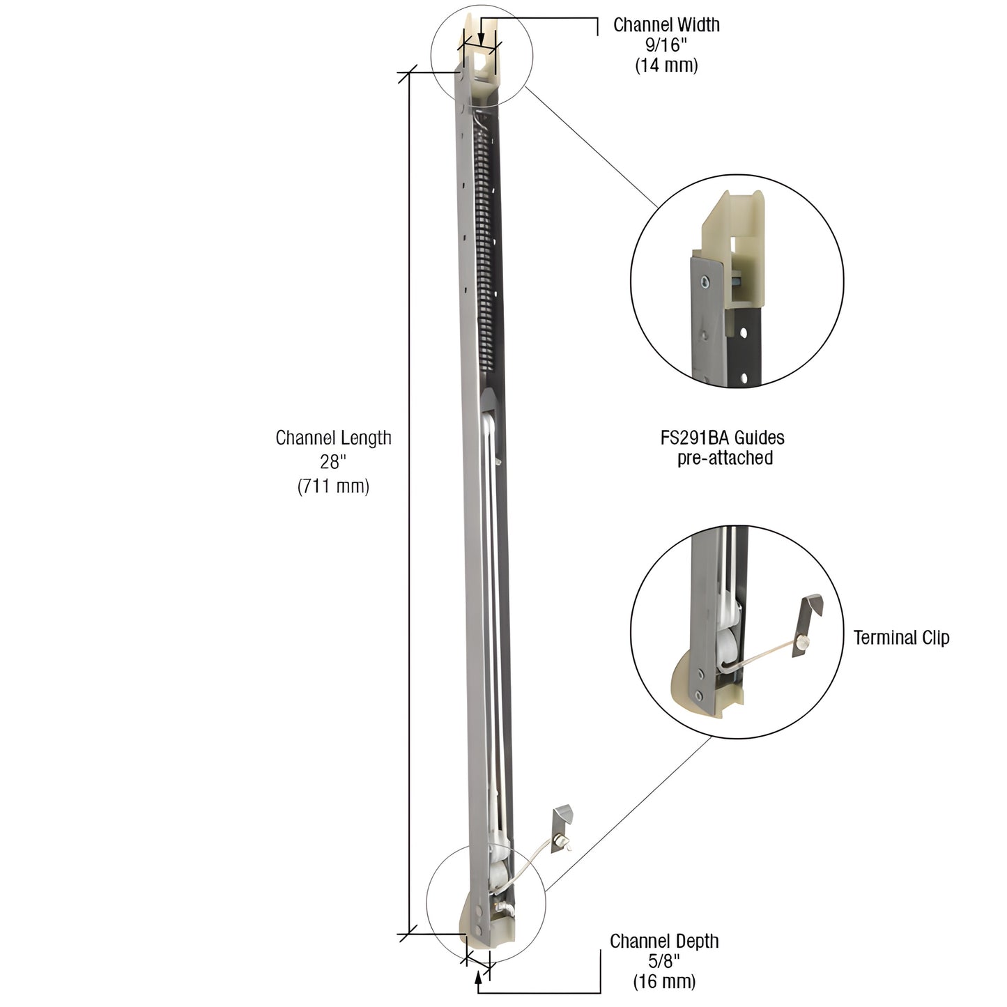 CRL FA2740G channel sash balance, 28" (711mm) metal channel with pre-attached FS291BA guides and terminal clip