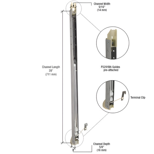 CRL FA2740G channel sash balance, 28" (711mm) metal channel with pre-attached FS291BA guides and terminal clip
