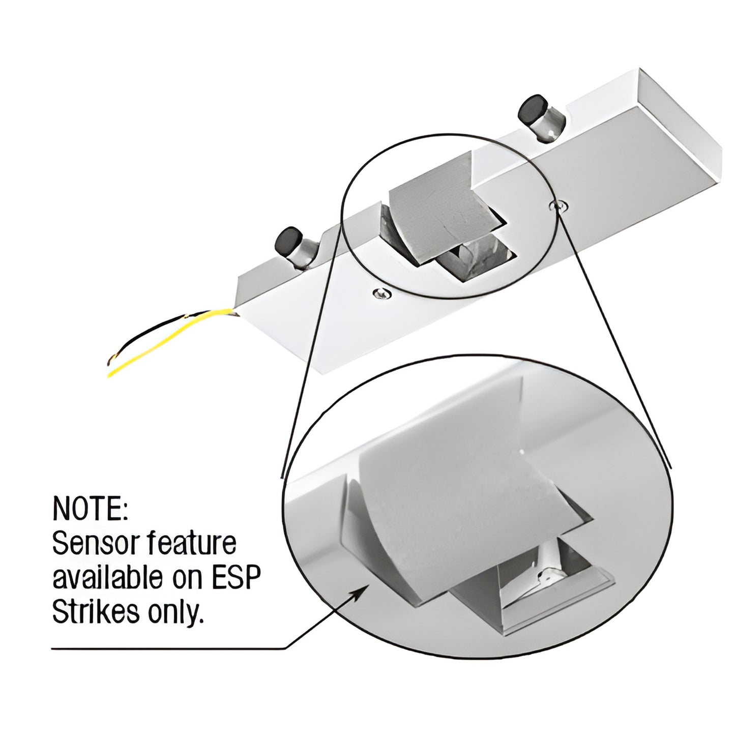 Polished stainless steel electric strike keeper (CRL) with sensor and wires - fits 1/2 or 3/4 in tempered glass doors.