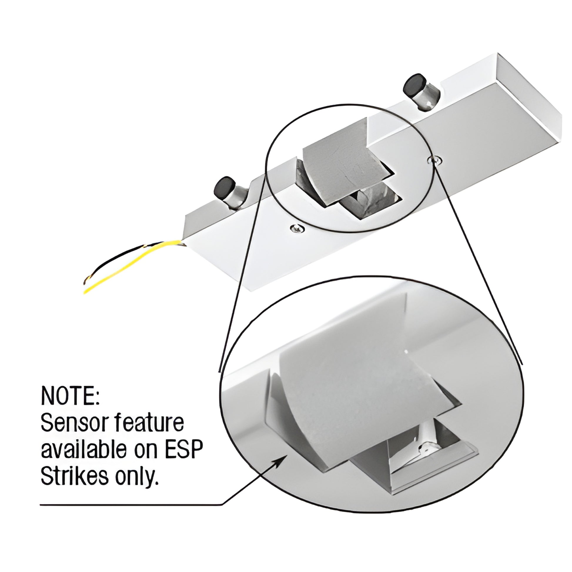 Polished stainless steel electric strike keeper (CRL) with sensor and wires - fits 1/2 or 3/4 in tempered glass doors.