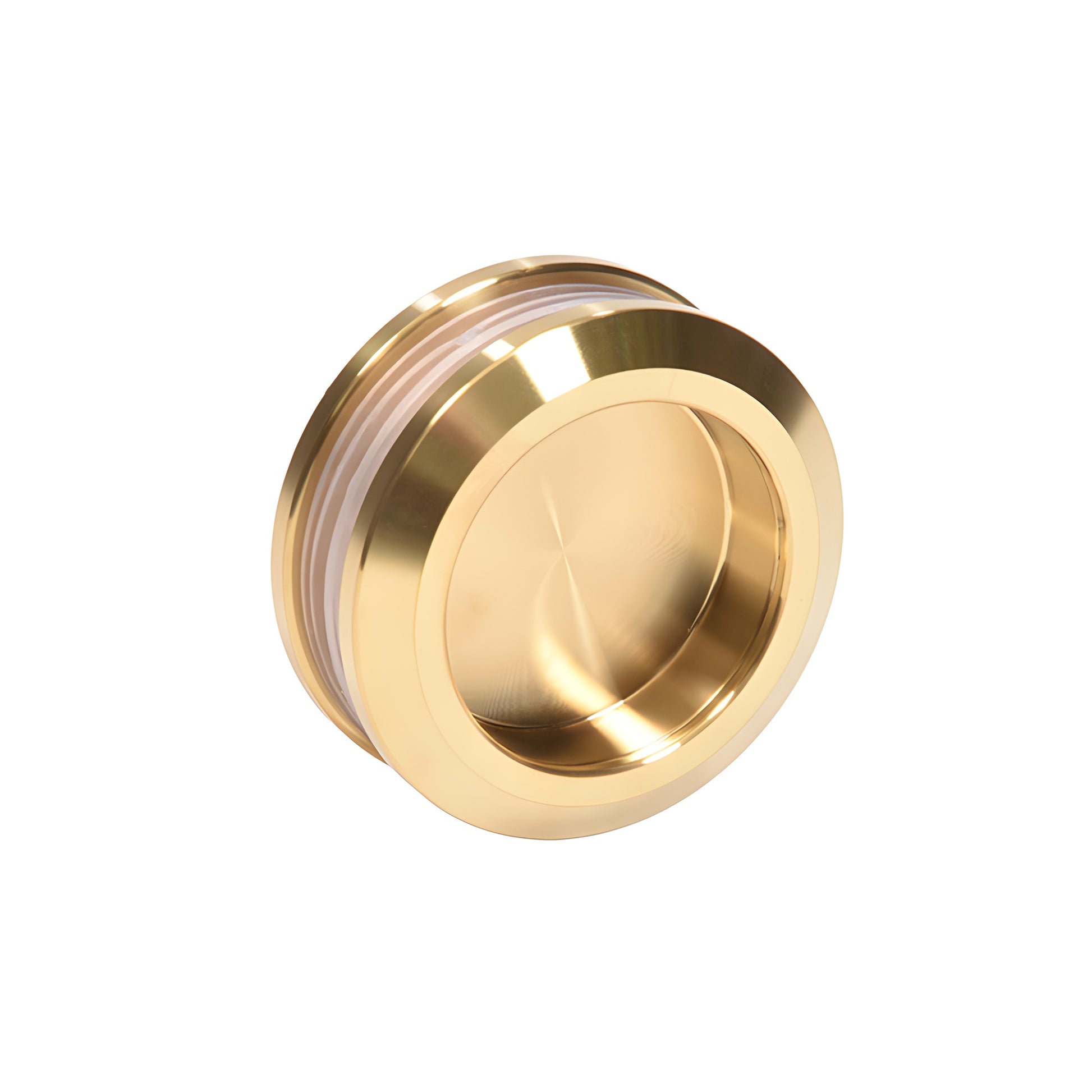 Frameless sliding glass shower system (SKU CAV78SB) with satin brass top rail, stainless hardware and clear tempered panels