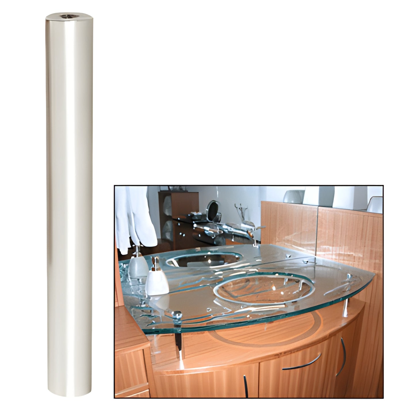 Satin chrome brass standoff 3/4" dia, 6" length (SKU S0B346SC) shown with mounted glass display/countertop panel.