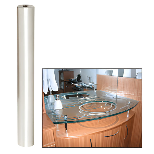 Satin chrome brass standoff 3/4" dia, 6" length (SKU S0B346SC) shown with mounted glass display/countertop panel.