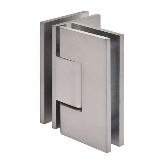 Brushed chrome square-profile Vienna glass-to-glass shower hinge, 90 pivot for 10-12mm (3/8-1/2") tempered glass
