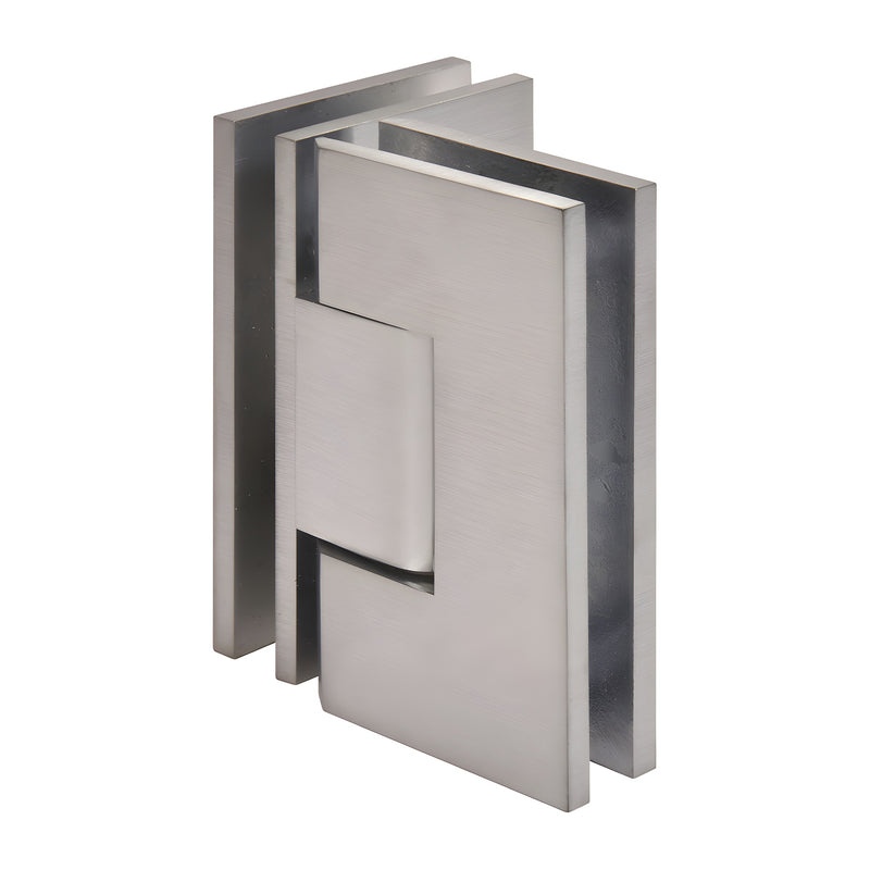 Brushed chrome square-profile Vienna glass-to-glass shower hinge, 90 pivot for 10-12mm (3/8-1/2") tempered glass