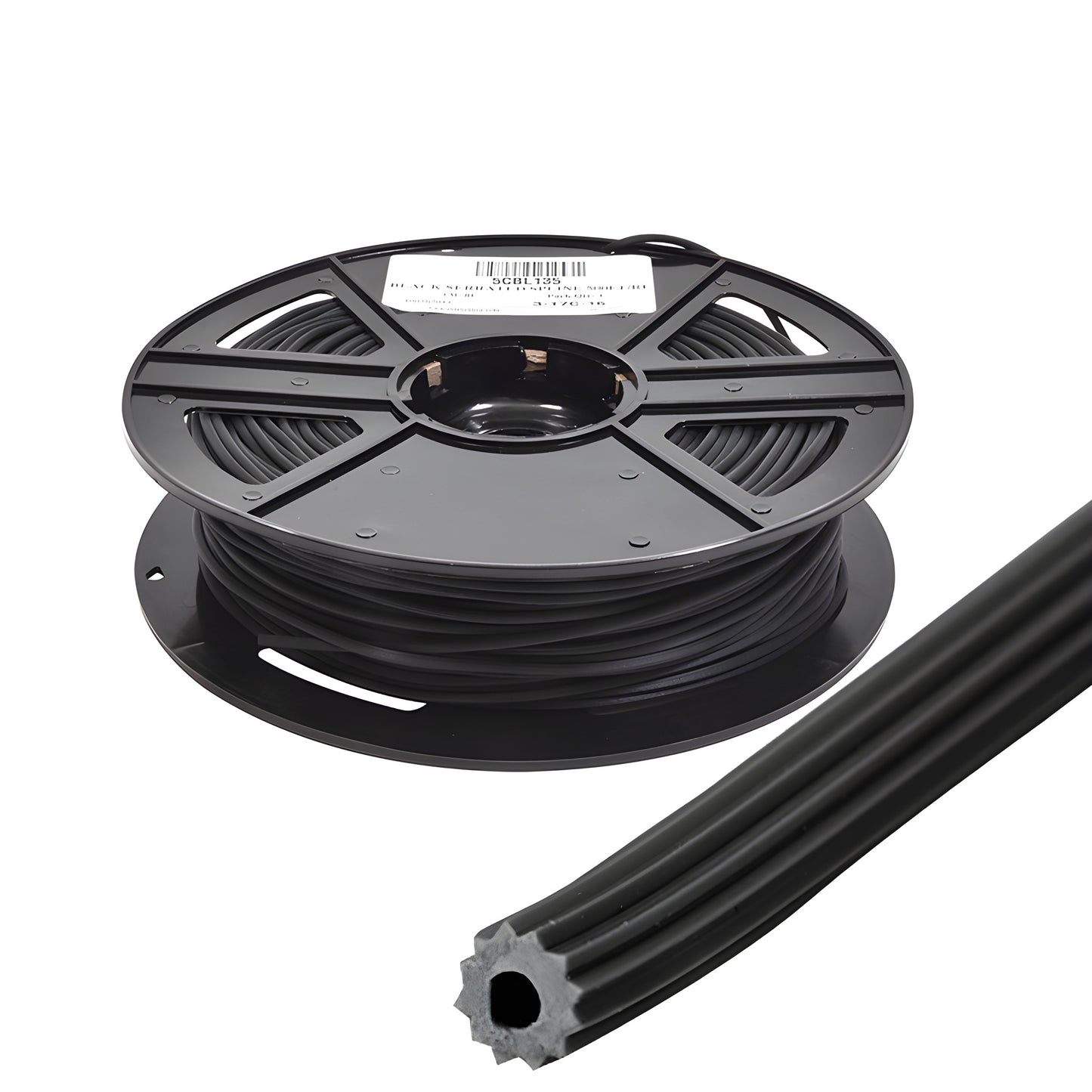 Black hollow-core 0.135 vinyl serrated screen spline on 500' plastic spool (SKU 5CBL135)