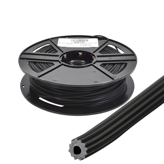 Black hollow-core 0.135 vinyl serrated screen spline on 500' plastic spool (SKU 5CBL135)