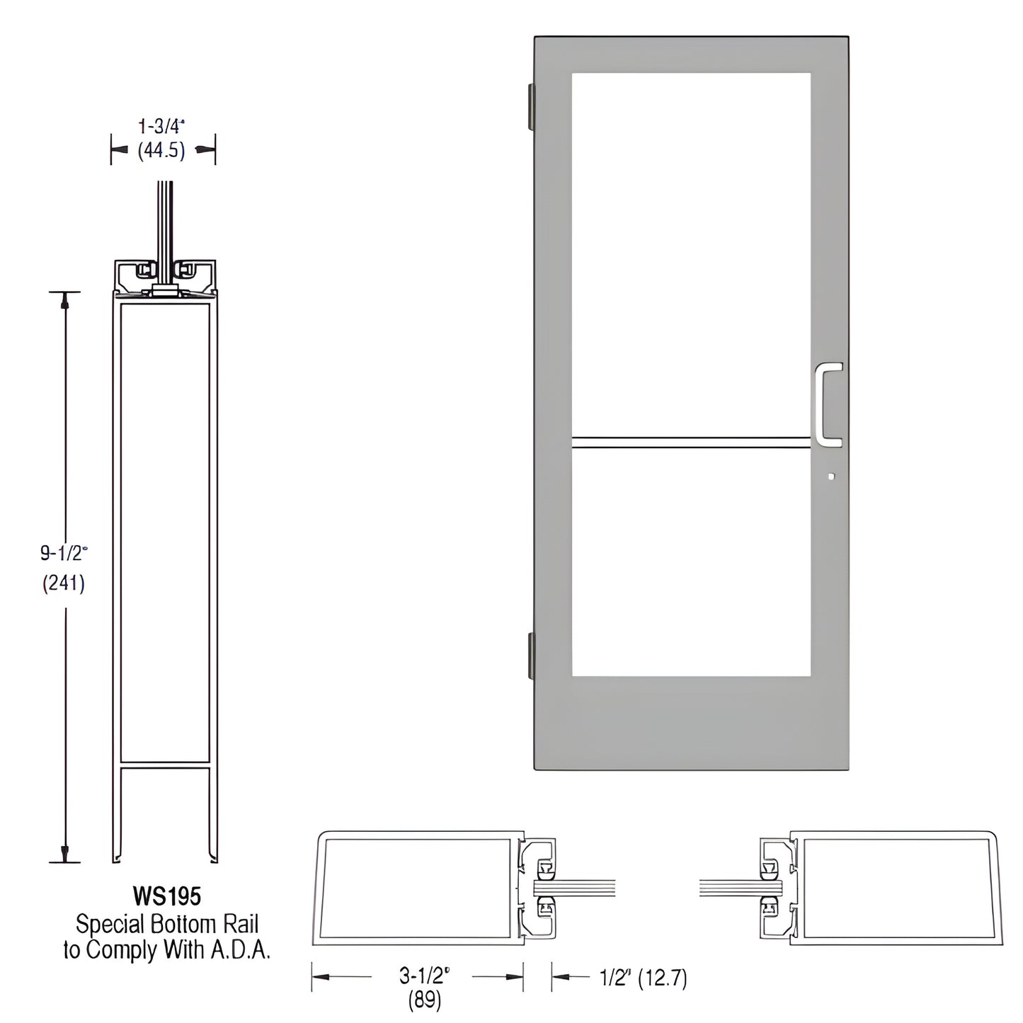 CRL Single 400 medium stile clear anodized aluminum door 36 x 84 with 91 2" ADA bottom rail, right-hand latch. SKU CD41511R036