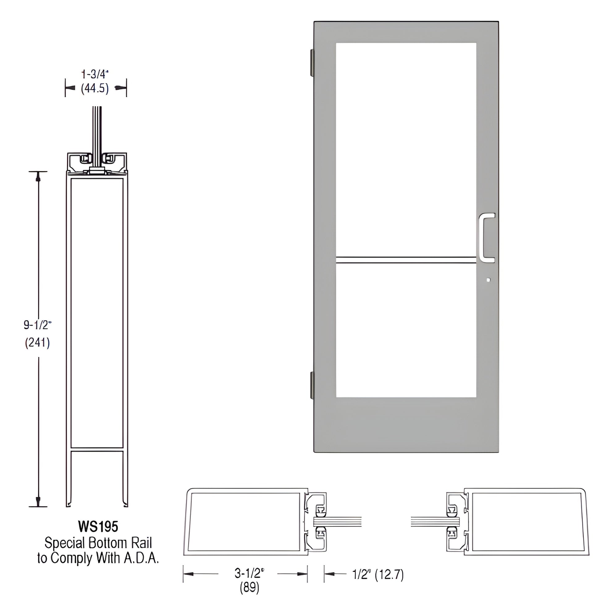 CRL Single 400 medium stile clear anodized aluminum door 36 x 84 with 91 2" ADA bottom rail, right-hand latch. SKU CD41511R036