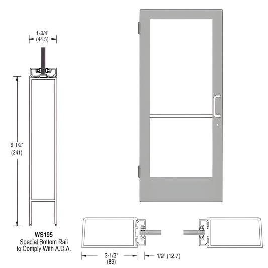CRL Single 400 medium stile clear anodized aluminum door 36 x 84 with 91 2" ADA bottom rail, right-hand latch. SKU CD41511R036