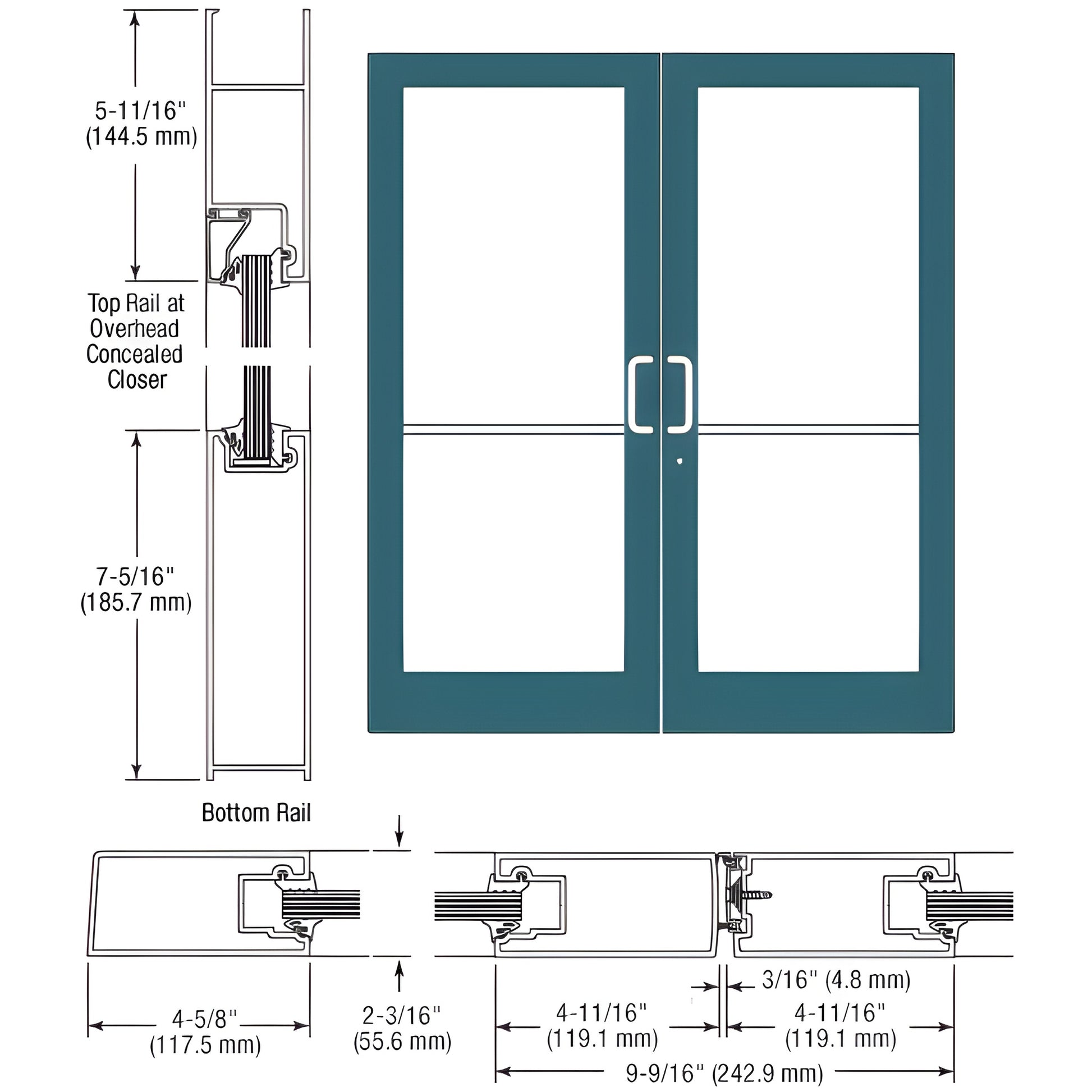 SF42971 - teal double medium-stile commercial entrance door with large glass panels, prepped for concealed closer.