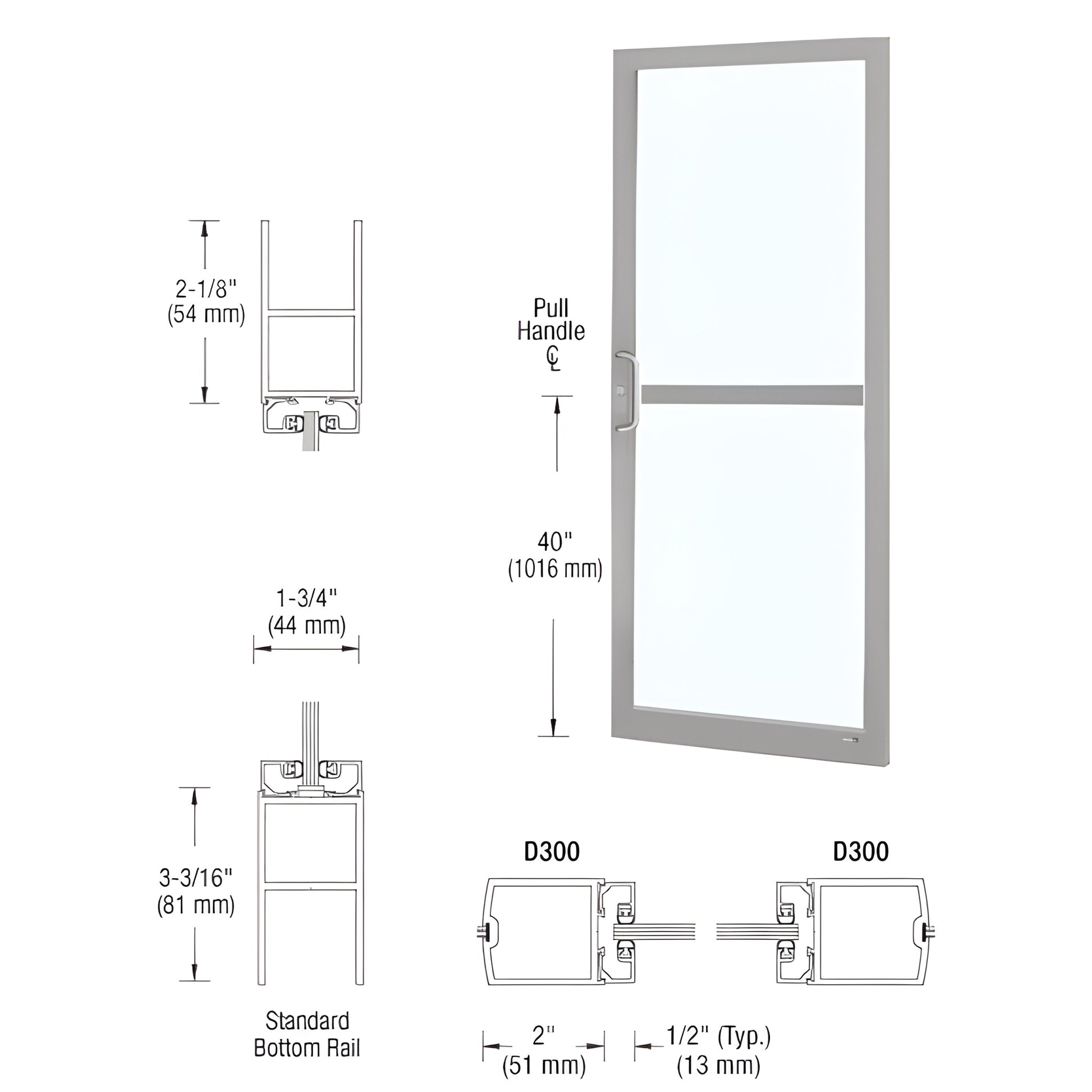 Clear anodized narrow-stile commercial entrance door with 1/4" tempered glass, center pull and mid rail. SKU DZ21711