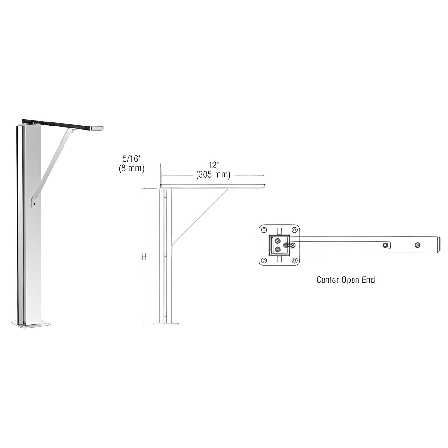 Plaza Series 1-1/2" square stainless center post sneeze guard with 12" top shelf, welded flange base SKU SG40024CPS