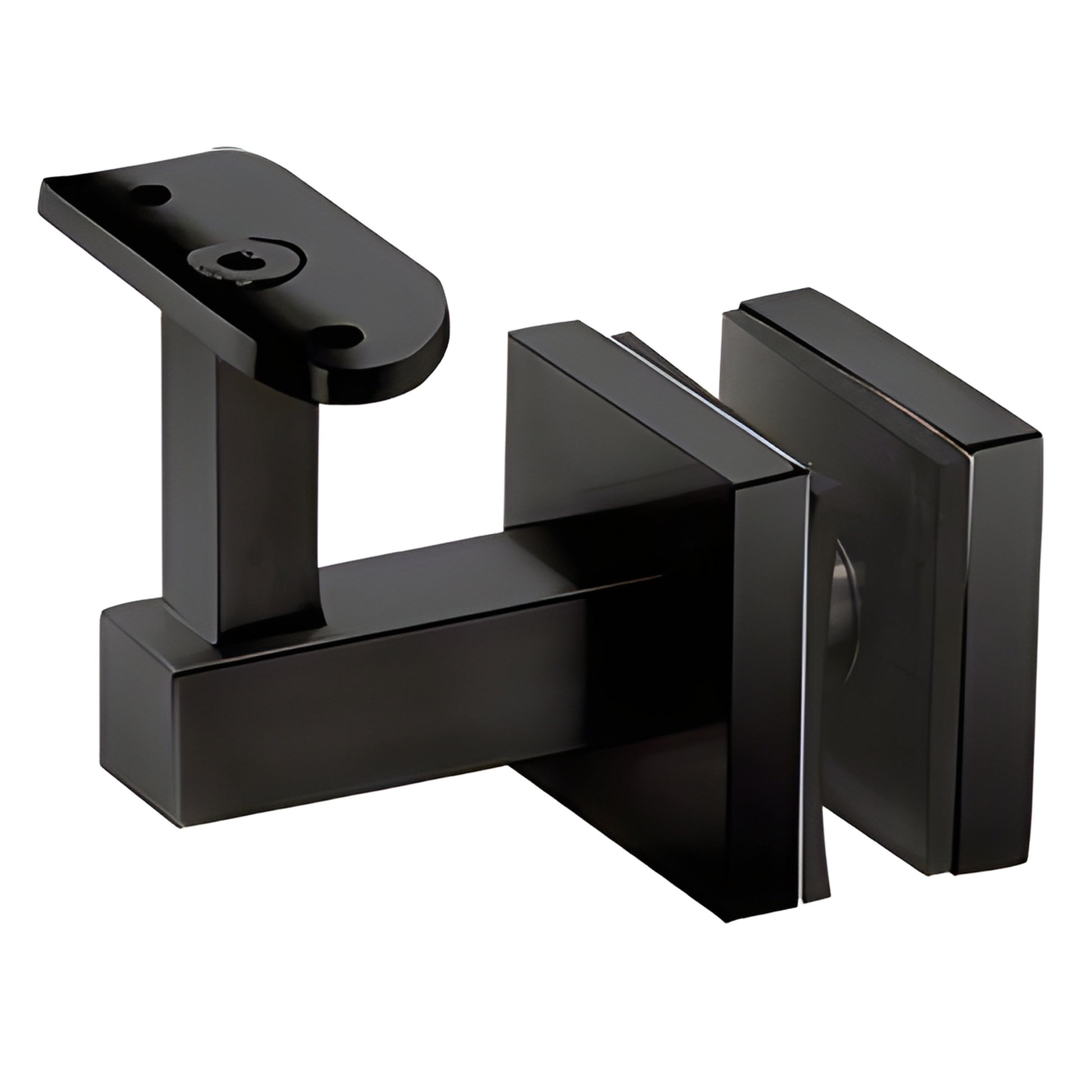 Matte black aluminum glass-mounted handrail bracket for 1/2 to 1-1/16 in glass; fits 1.5-2 in rail. SKU HR5EGMBL