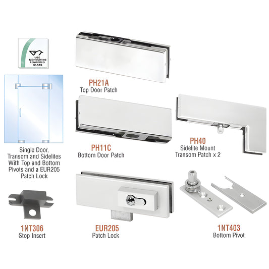 CRL PHE5LA satin anodized European glass door pivot kit with top/bottom patches, pivots, stop and patch lock.