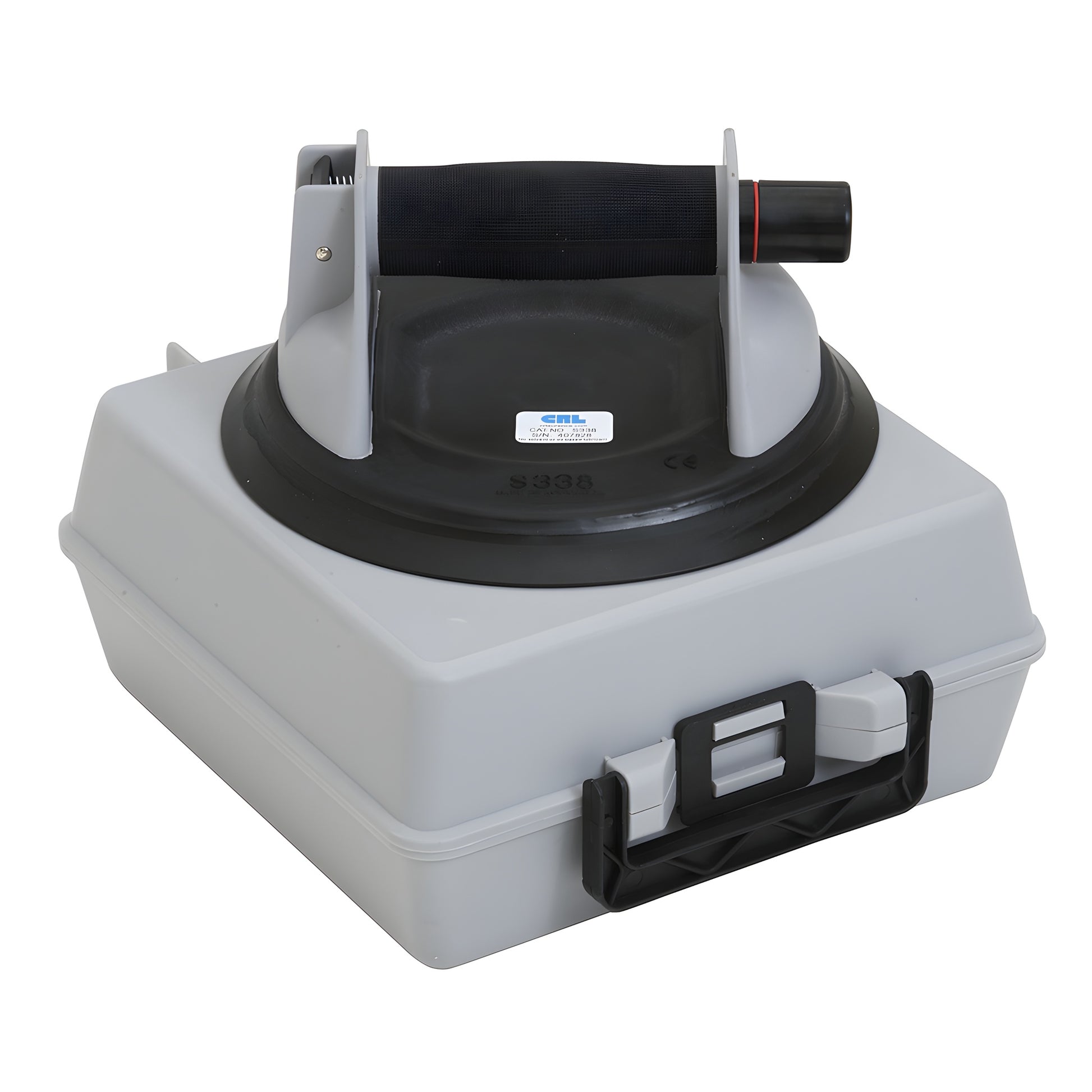 CRL Sure-Grip Vacuum Lifter S338 - 8" black rubber suction cup with gray frame, textured black handle and pump valve