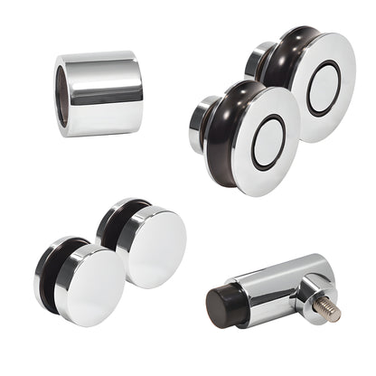Colonia 180 sliding shower door replacement kit, polished stainless steel rollers, fixed fittings, wall bracket and stopper.