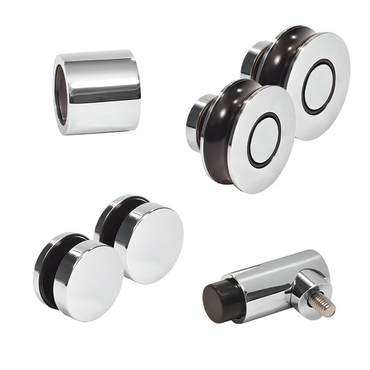 Colonia 180 sliding shower door replacement kit, polished stainless steel rollers, fixed fittings, wall bracket and stopper.