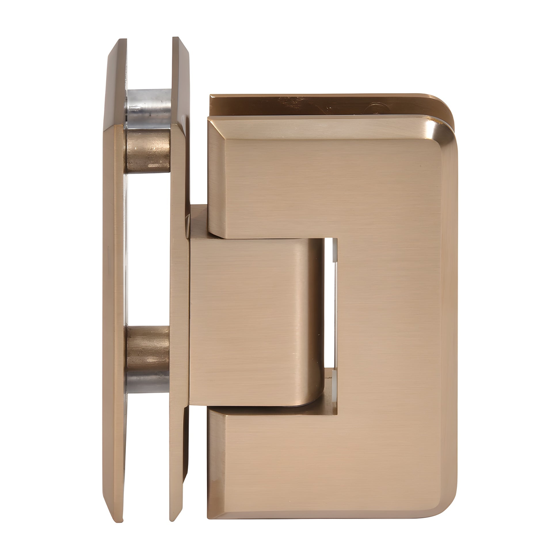 Dark brushed bronze solid brass 90 Cologne glass to glass shower hinge (SKU C0L092DBBZ), beveled, self centering.