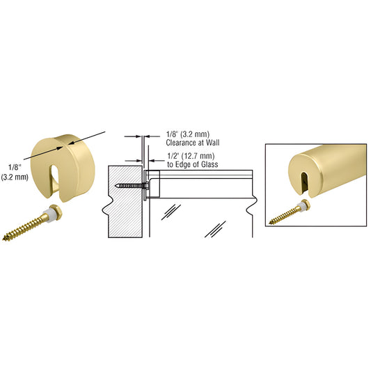LR20SECSB satin brass stabilizing end cap for cap railing, 1/8 thickness, shown with lag screw and mounting diagram.