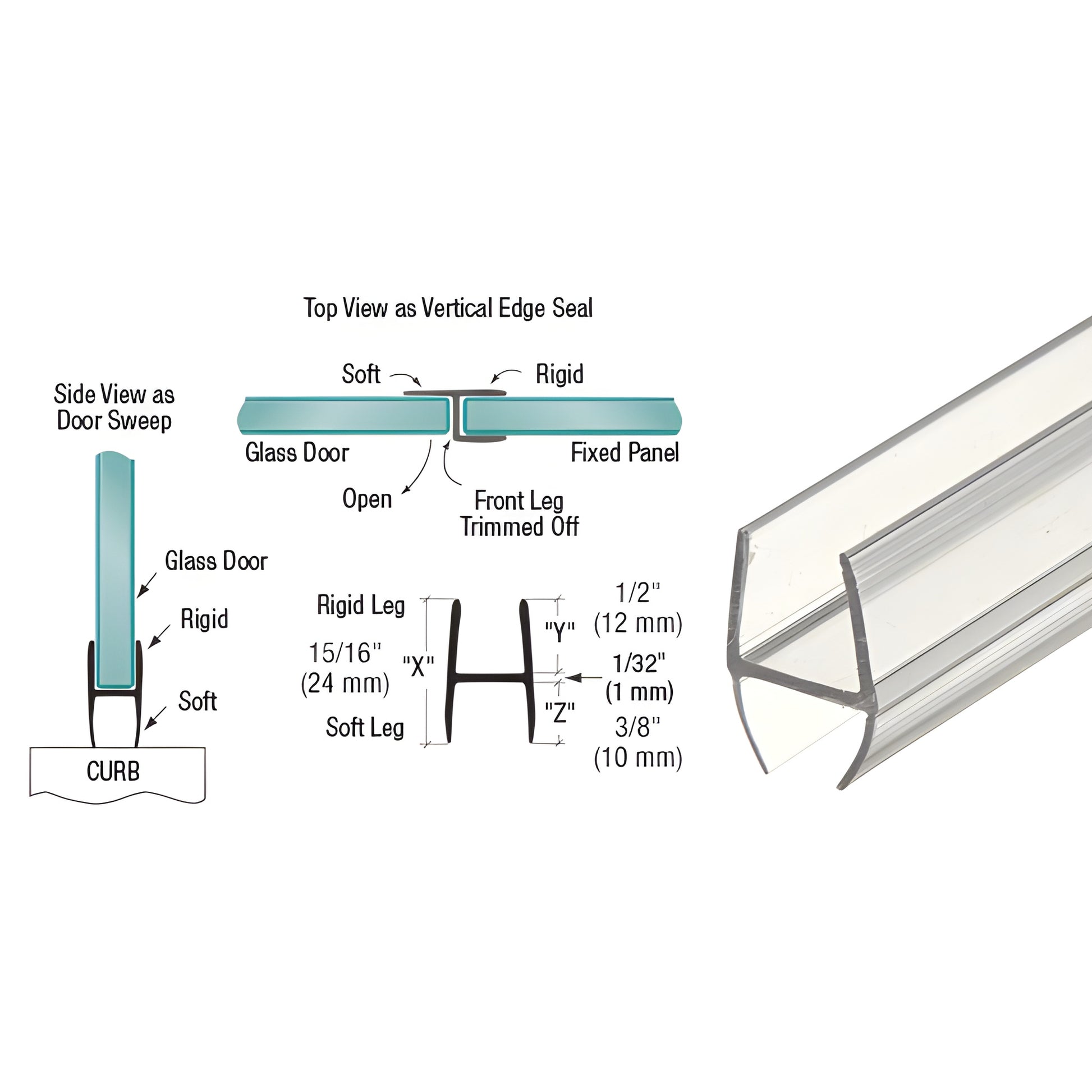 Clear polycarbonate H wipe door seal SKU P500HW - H profile bottom sweep and edge seal for 1/2" (12 mm) glass, 95" length