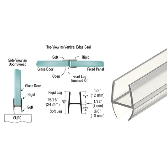 Clear polycarbonate H wipe door seal SKU P500HW - H profile bottom sweep and edge seal for 1/2" (12 mm) glass, 95" length